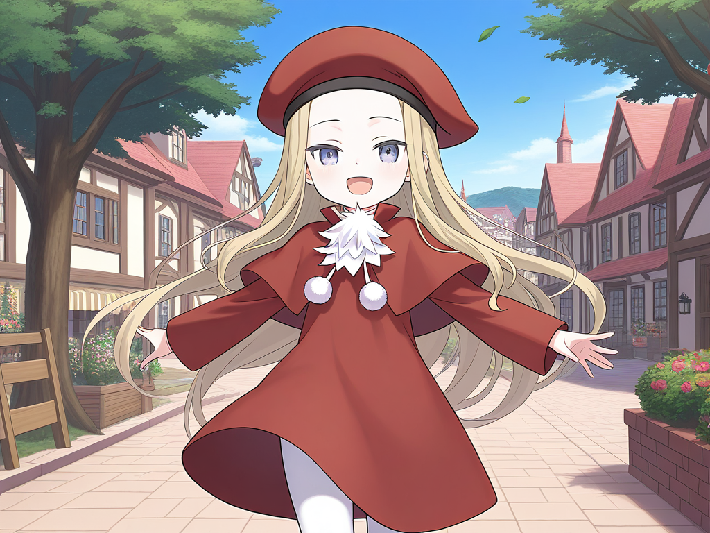 general,highres, game cg, ultra-detailed,very aesthetic,best quality ,best hands,  BREAK <lora:Belfraw_Martini_IS:1>
Belfraw_Martini, 1girl, solo, very long hair, blonde hair, gray eyes, happy,
red beret, bangs, short stack, 1girl, solo, open mouth, pom pom (clothes), 
capelet, sky, :d, looking at viewer, long sleeves, white pantyhose, red dress, outdoor, town, tree, smile, looking at viewer, cowboy Shot,