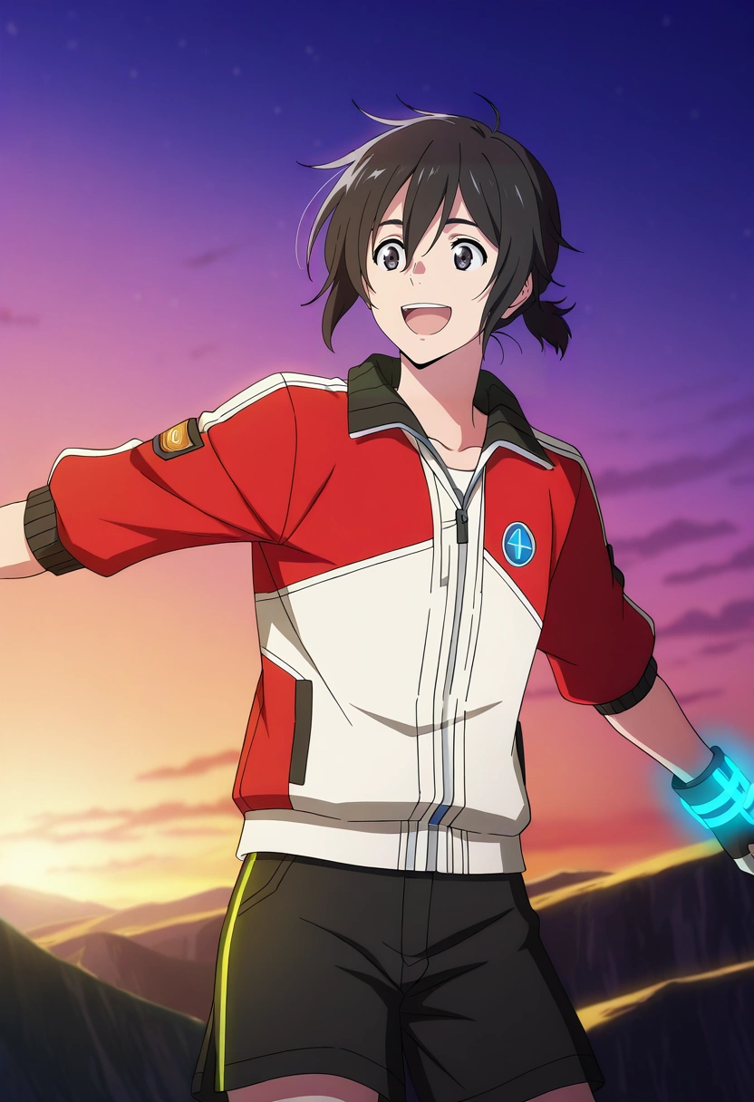 masterpiece, best quality, anime screencap, official style, anime coloring, cowboy shot, 1boy, solo, male focus, <lora:mio_chibana_ilxl:0.96>, mio_chibana, black hair, black eyes, short hair, hair between eyes, short ponytail, scientific expedition, rugged terrain, glowing instruments, adventurous teammates, leading pose, excited expression, dawn horizon, Golf shorts, CherryRed Bomber jacket, , ,