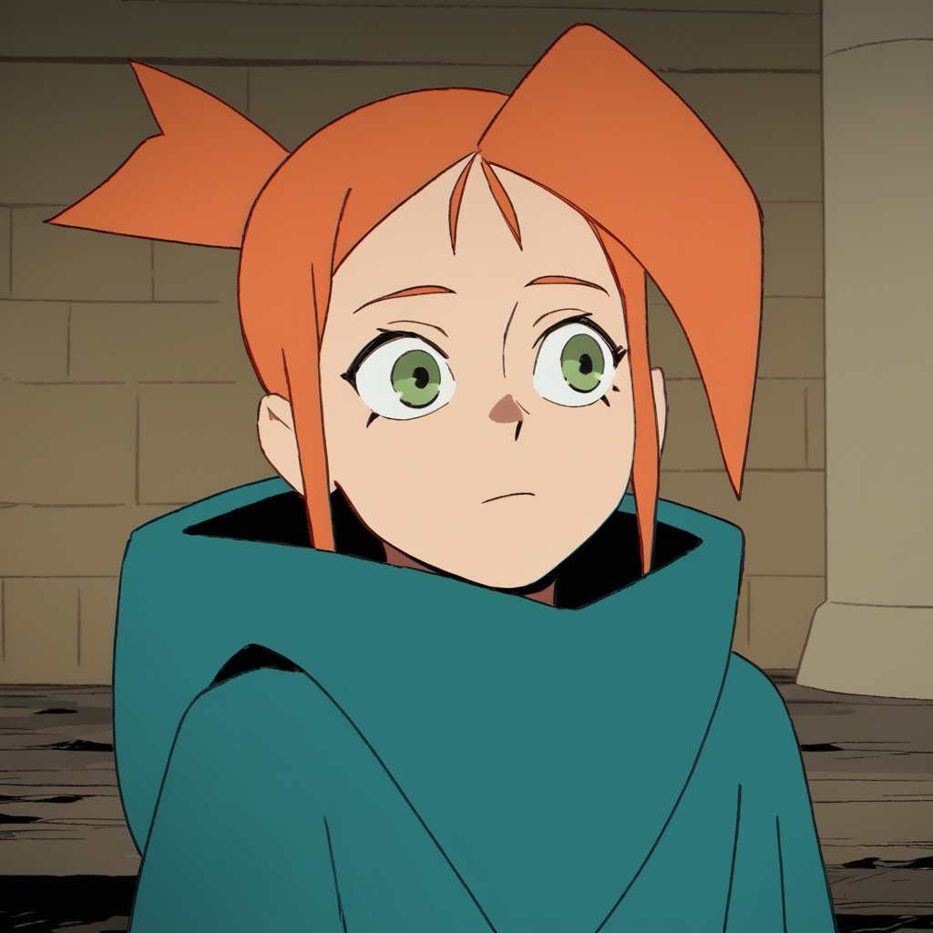 score_9_up, score_8_up, BREAK, LaureEsposito, 1girl, solo, orange hair, green eyes,  cloak, upper body,  <lora:LaureEsposito_DeadCells_PXL_Leaf1:1>, indoors,