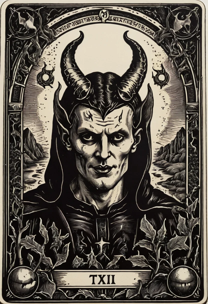 tarot_card, satan, front perspective, flat, frame,( square:1.1), (white outline:1.2) <lora:tarot_card:1>