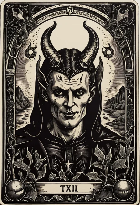 tarot_card, satan, front perspective, flat, frame,( square:1.1), (white outline:1.2) <lora:tarot_card:1>