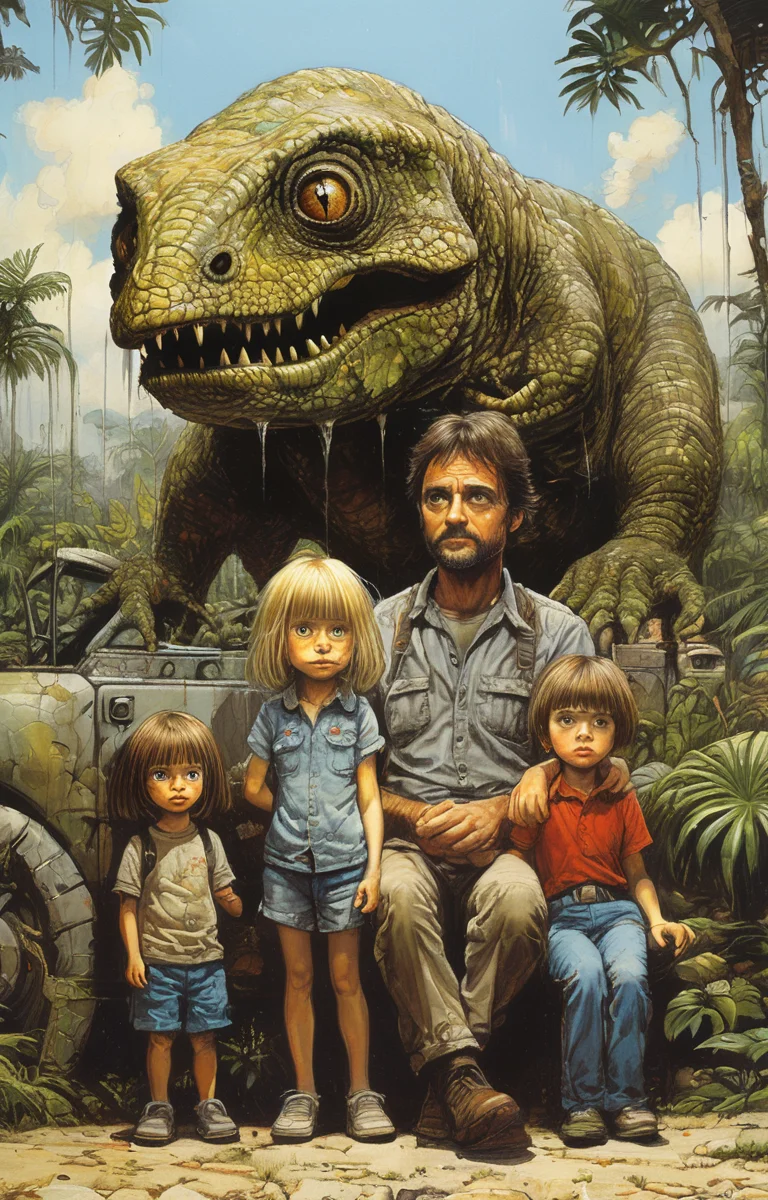 masterpiece,best quality,<lora:tbh275-sdxl:0.9>,illustration,style of William Stout,jurassic park, portrait of family