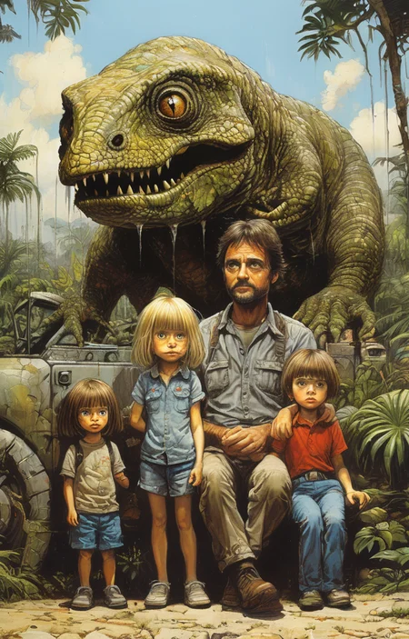 masterpiece,best quality,<lora:tbh275-sdxl:0.9>,illustration,style of William Stout,jurassic park, portrait of family