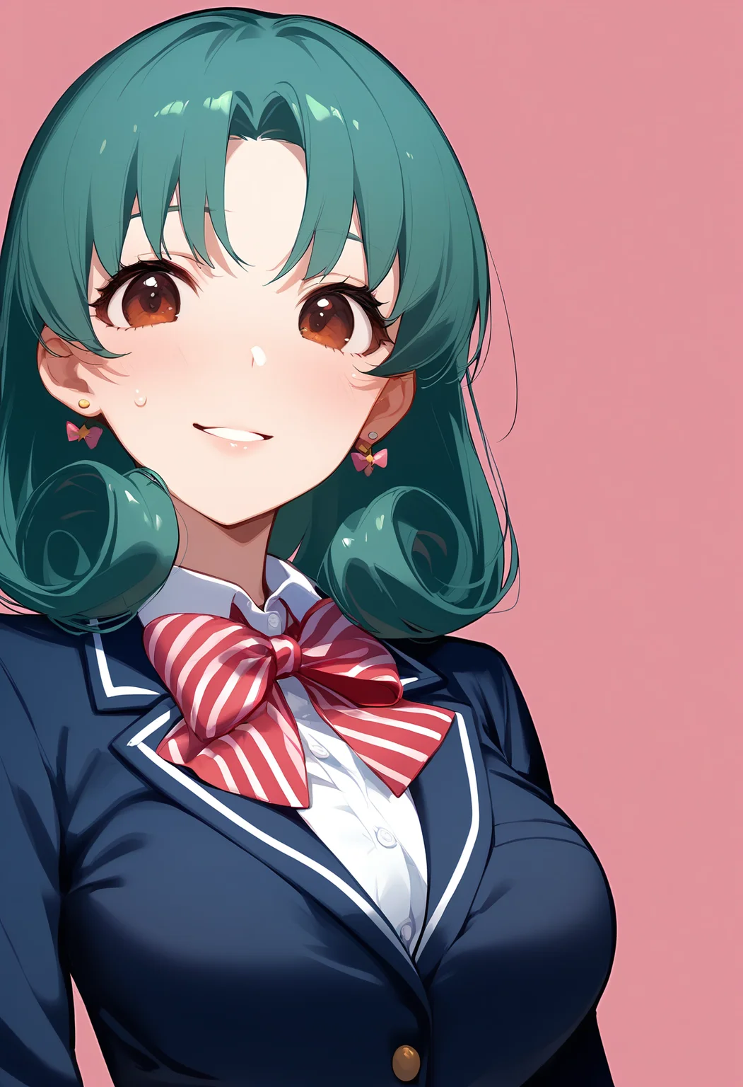 1girl,
tokugawa matsuri,
looking at viewer, bowtie, smile, school uniform, bow, green hair, solo, sweatdrop, jacket, brown eyes, breasts, earrings, hair bow, striped clothes, curly hair, blazer, white shirt, swept bangs, jewelry, large breasts, parted bangs, striped bowtie, collared shirt, striped bow, parted lips, pink background, simple background, medium hair, long sleeves, blue jacket, shirt, blush,
sfw
<lora:a31_char_new_tokugawa_matsuri-000026:1> <lora:a31_style_koni-000010:0.8>