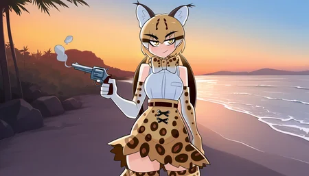 solo,1girl,mature female,mild,tall female,small breasts,
volumetric lighting,outdoors,beach,scenery,summer,
elbow gloves, thighhighs, sleeveless shirt, print gloves, print skirt, white shirt, bowtie, bare shoulders
absurdres,ocelot \(kemono friends\), kemono friends,animal ears, extra ears, tail, cat ears, hair between eyes, yellow eyes, blonde hair, long hair, multicolored hair, brown hair, twintails,
looking at viewer,cute,attractive,
eye contact,standing,smirk, holding revolver, smoke,
masterpiece,best quality,amazing quality,very aesthetic,newest,HDA_Masterpiece_v1.2,
<lora:Kilinah_Style_Illustrious:0.8>,kilinah,