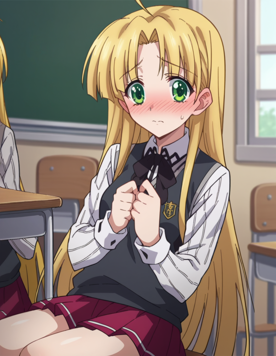 score_9, score_8_up, score_7_up, source_anime,
asiaargento, <lora:asia-argento-ponyxl-lora-nochekaiser:1>,
asia argento, long hair, blonde hair, green eyes, parted bangs, ahoge, blush, embarrassed,
skirt, shirt, long sleeves, ribbon, school uniform, pleated skirt, vest, red skirt, sweater vest,
indoors, classroom, sitting, desk, chair,
looking at viewer, dutch angle, cowboy shot,