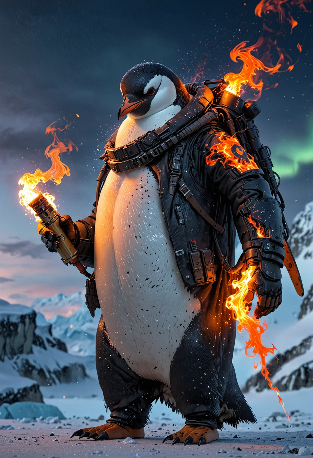 Penguin with Flamethrower: "A penguin in 8k HD, suited in Arctic combat gear, wielding a flamethrower. The background is a frozen tundra with glaciers and the northern lights in the sky." <lora:EpicF4nta5yXL:0.8>