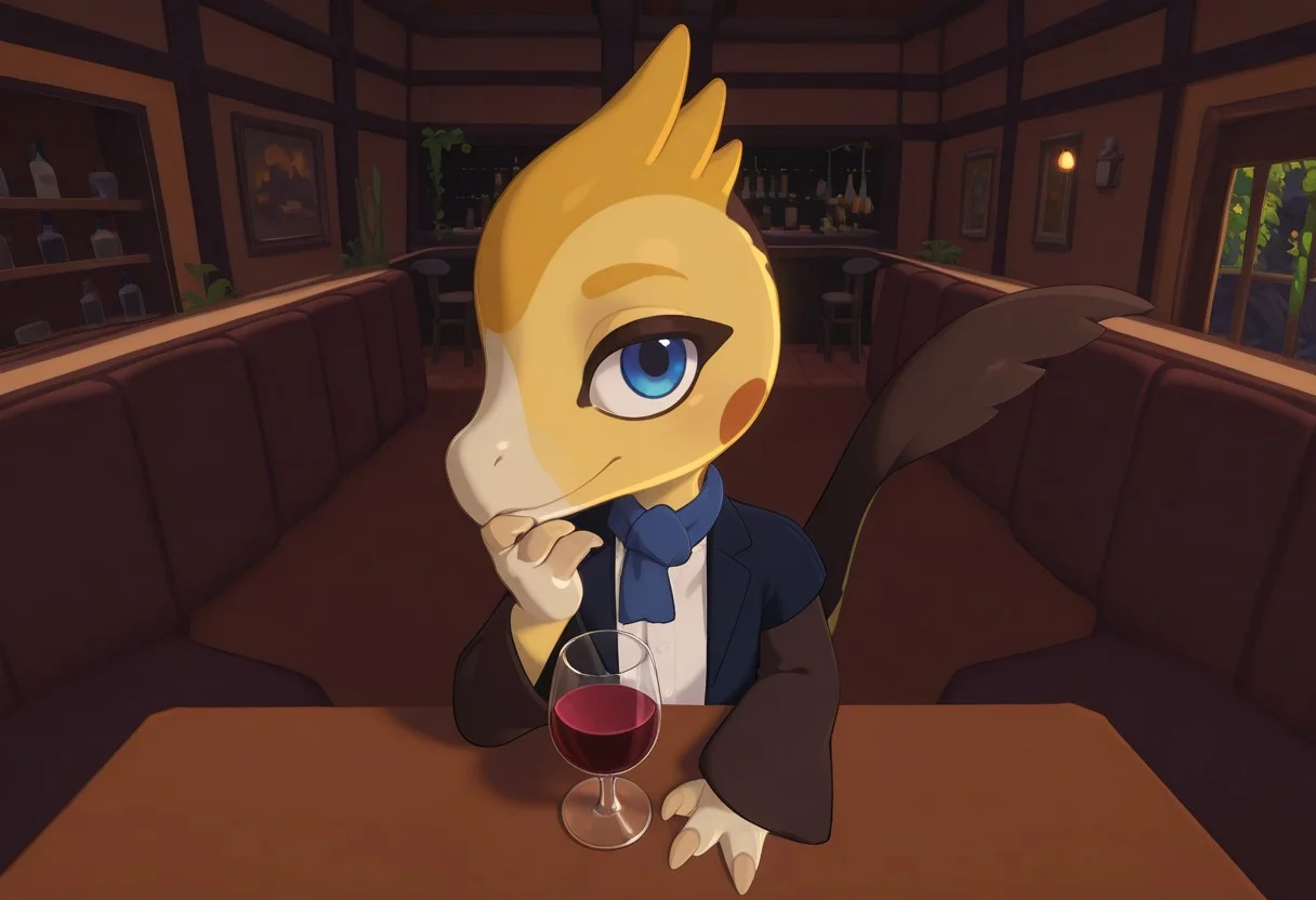1boy, highres, absurdres, newest, masterpiece, best quality, furry, raptor, scales, tail, claws, Jophery, male, velociraptor, yellow skin, blue eyes, 3 fingers, 3 toes, feathered, back jacket, white shirt, blue scarf, standing, seductive look, detailed eyes, bright room, day scene, professional lighting, solo, seductive, looking_at_viewer, masterpiece, close up, explicit, aggressive look, sits in shair, vine in a glass, sexy pose, restaurant, glass of wine in hand