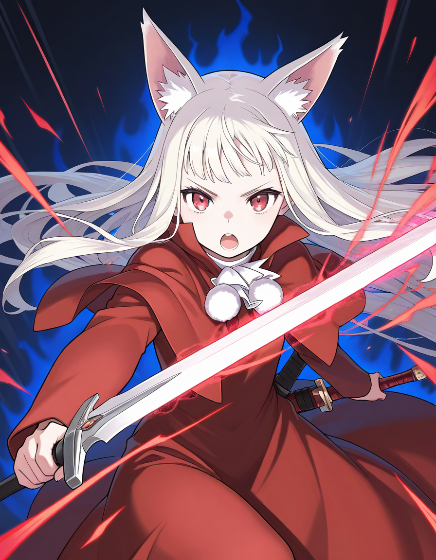 masterpiece, best quality, good quality,  <lora:Belfraw_Martini_IS:0.8> no hat,
Belfraw_Martini, 1girl, solo, white hair, open mouth, animal ears, red dress, pom pom (clothes),
looking at viewer, weapon, long sleeves, sword, red eyes, sword, hold,
aura, magic effect,