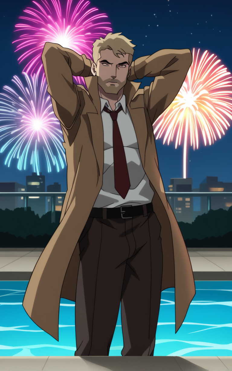 score_9, score_8_up, score_7_up, looking at viewer,  BREAK
DCAU_JL_JohnConstantine_ownwaifu, 
1boy, blonde hair, blue eyes, male focus, short hair, facial hair, mustache, 
red necktie, trench coat, white shirt, collared shirt, open coat, brown coat, belt, pants, coat, long sleeves, beard, brown jacket, formal, brown pants, popped collar, black belt, long coat
(contrapposto, arms behind head, aerial fireworks), wading, neon_lights, cityscape, night, pool, full moon, outdoors, <lora:PONYXL_DCAU_JL_JohnConstantine_ownwaifu:0.9> , depth of field, solo, Interesting Image, Captivating Image,
