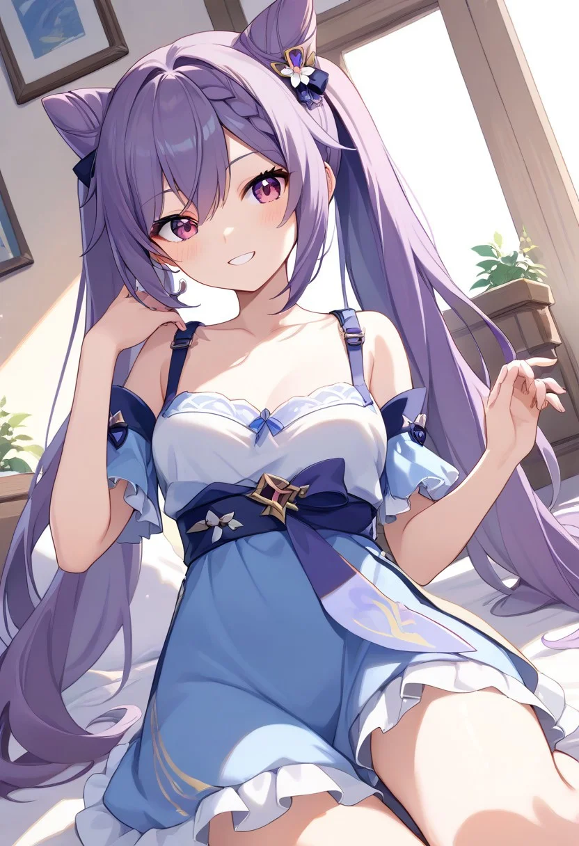 score_9, score_8_up, score_7_up, source_anime, best quality, masterpiece, 1girl, solo, smile. dutch angle, indoors,
keqingcs, purple hair, cone hair bun, purple eyes, long hair, double bun, braid, twintails,