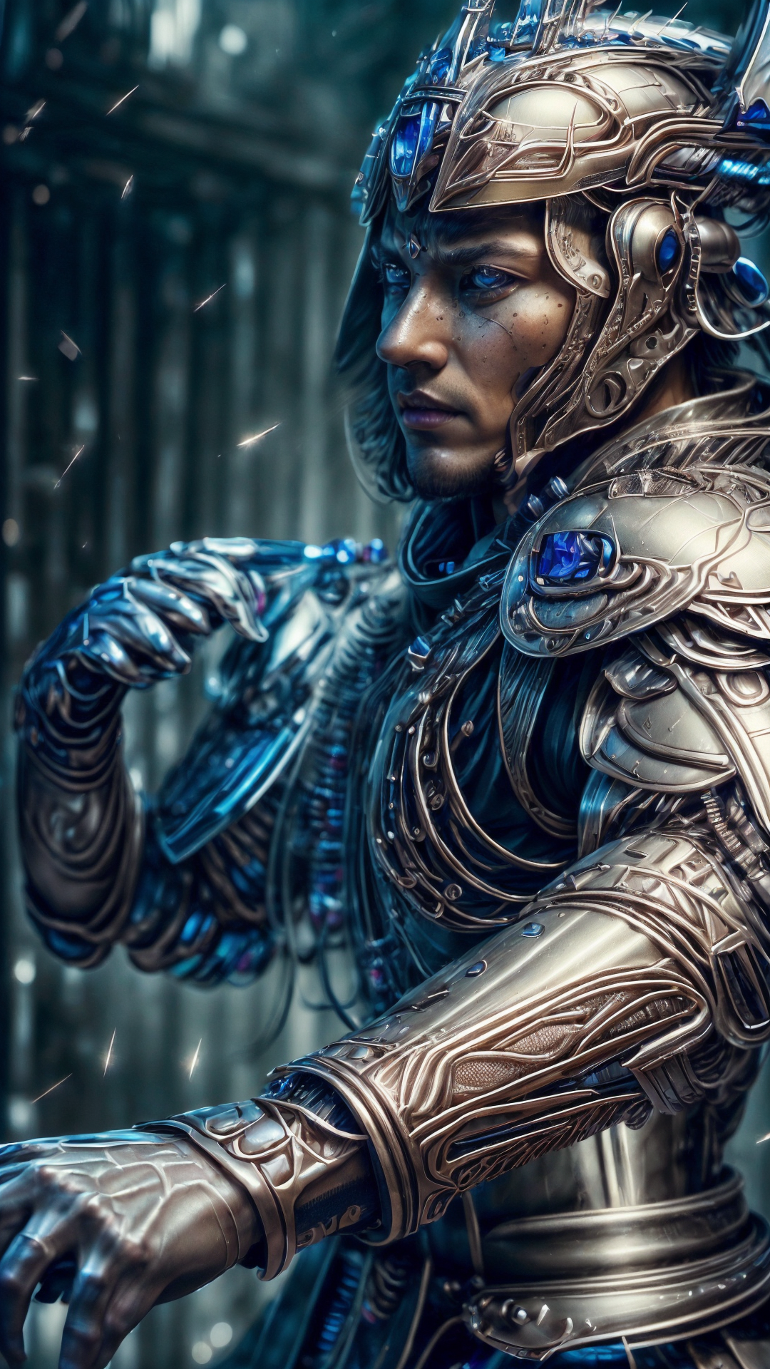 a profestional picutre of 1man, <lora:MH_Amatsu_Armor_a1:0.7> amatsu armor, blademaster , <lora:SilverSapphireAI:1.2> silversapphireai Tinkerer's Ingenuity: Behavior: The character's hands work quickly, assembling or repairing intricate mechanisms. Their movements are agile and dexterous, reflecting their mastery over technology and their ability to improvise solutions. , , camera angle from above and very wide shot, photorealism,unreal 5 daz,perfectly drawed hands,perfectly drawed face,perfect body,extremely detailed artgerm greg rutkowski greg,((ultrasharp)),((masterpiece)),((best quality)),((ultradetailed)),((intricated details)),ultradetailed character,detailed face,intricated face details,<lyco:GoodHands-beta2:1>,extremaly detailed background,perfectly detailed face,character focus,intricated details of face,fFaceDetail <lora:add_detail:0.7> ultra realistic,32k,RAW photo,(high detailed skin:1.2),8k uhd,dslr,soft lighting,high quality,film grain, beautiful and aesthetic,extremely detailed <hypernet:sxzBloom_sxzBloom:1>,8k, extremely_clear,