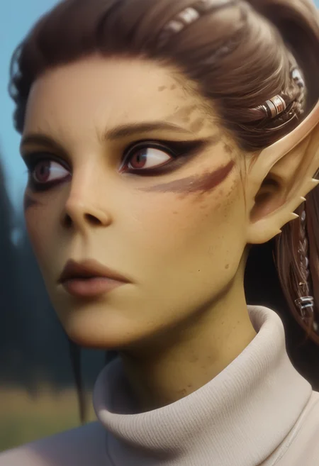 score_9, score_8_up, score_7_up, BREAK <lora:nyl2-guy-PONYv2:1> <lora:corneo_laezel:0.85> bg3laezel, 1girl, solo, turtleneck sweater, portrait, pointy ears, brown hair, colored skin, depth of field, looking to the side,