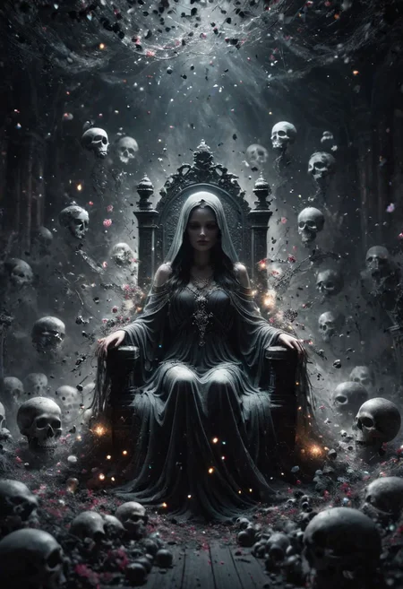 Digital art, concept art. the Queen of the Undead sits upon a Throne of skulls in a gloomy realm. Clad in dark slit toga with silver ornaments and draped in canvas hoods, she exudes both seduction and danger. Faded flowers surround her, contrasting with her chilling presence. A glowing magical circle pulsates at her feet, bending the elements to her will. Her eyes, twin orbs of ethereal radiance, convey a depth of darkness and power that warns of impending doom to all who dare oppose her. Bokeh blur. Colorful. BadDream, DEVIL SPAWN, ais-darkpartz, OverallDetail,