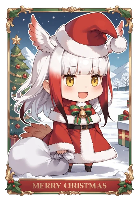 score_9, score_8_up, score_7_up, masterpiece, best quality, zzPadoru, blush, smile, open mouth, meme, holding sack, santa hat, dress, 1girl, solo, japanese crested ibis (kemono friends), head wings, multicolored hair, two-tone hair, white hair, red hair, long hair, blunt bangs, bangs, sidelocks, yellow eyes, bird tail, tail, long sleeves, wide sleeves, chibi, snow, Christmas tree, Christmas lights, Christmas border, red and green border, Christmas wreath border, presents, Christmas_card_outline
