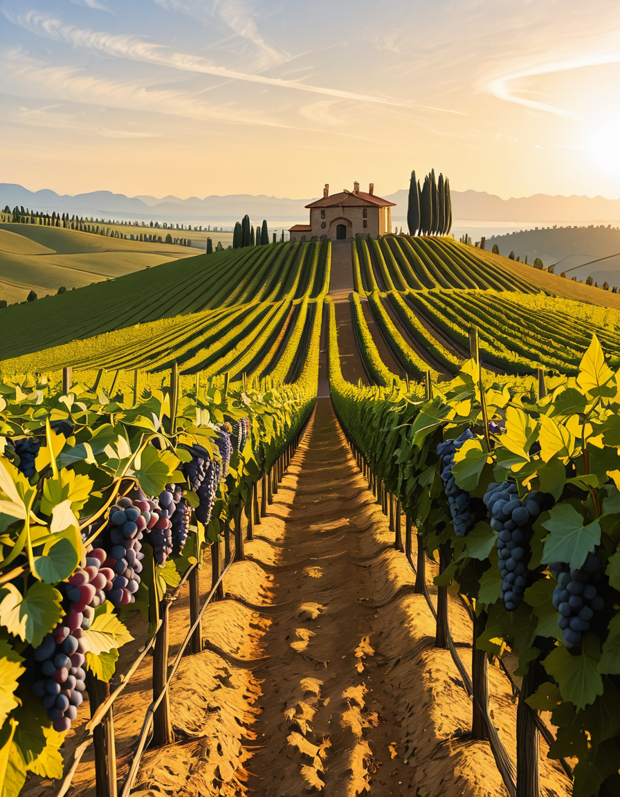 A breathtaking vineyard stretching across rolling hills, bathed in the warm golden light of late afternoon. The neatly aligned rows of grapevines are lush and vibrant, their deep green leaves contrasting with the rich, fertile soil beneath them. The vines are heavy with ripe, plump grapes in shades of deep purple and rich green, glistening under the sunlight. In the background, a rustic stone farmhouse with a terracotta roof sits atop a small hill, surrounded by tall cypress trees. A narrow dirt path winds through the vineyard, leading towards the farmhouse. The sky is a soft blue with wispy clouds scattered across the horizon. In the distance, a range of low mountains adds depth to the landscape. The atmosphere is peaceful and idyllic, evoking the charm of a traditional wine-growing region like Tuscany or Bordeaux. 
<lora:SDXLFaeTastic2400:0.4> <lora:extremely_detailed:0.4> extremely detailed
,v1n3y4rd <lora:v1n3y4rd-i:1>, Masterpiece,best quality,hi res,8k,hi res,8k,award winning,(sharp focus, intricate, highly detailed),