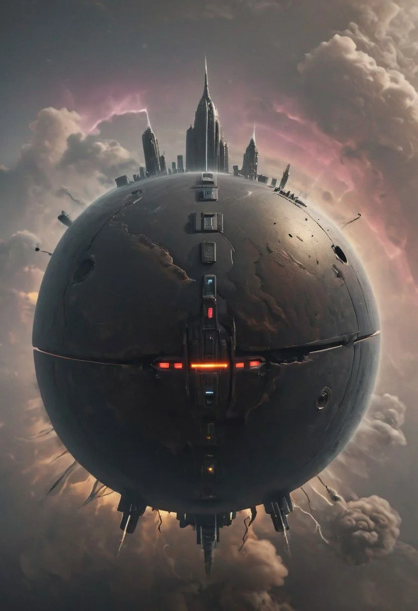 a floating dystopian black Cyborg Robot Planet floating in colorful deep DARK electric space, a giant Tower Standing in it, Piercing the DARK lightning Clouds, 
,very detailed, raw photo, photorealistic, high detailed texture, 8k uhd, dslr, soft lighting, high quality, film grain, Fujifilm XT3, highly detailed photography, atmospheric haze, Film grain, cinematic film still, shallow depth of field, highly detailed, high budget, cinemascope, moody, epic, OverallDetail, gorgeous, 2000s vintage RAW photo, photorealistic, candid camera, color graded cinematic, eye catchlights, atmospheric lighting, skin pores, imperfections, natural, shallow dof