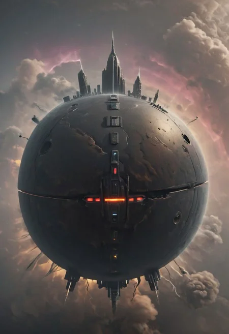 a floating dystopian black Cyborg Robot Planet floating in colorful deep DARK electric space, a giant Tower Standing in it, Piercing the DARK lightning Clouds, 
,very detailed, raw photo, photorealistic, high detailed texture, 8k uhd, dslr, soft lighting, high quality, film grain, Fujifilm XT3, highly detailed photography, atmospheric haze, Film grain, cinematic film still, shallow depth of field, highly detailed, high budget, cinemascope, moody, epic, OverallDetail, gorgeous, 2000s vintage RAW photo, photorealistic, candid camera, color graded cinematic, eye catchlights, atmospheric lighting, skin pores, imperfections, natural, shallow dof