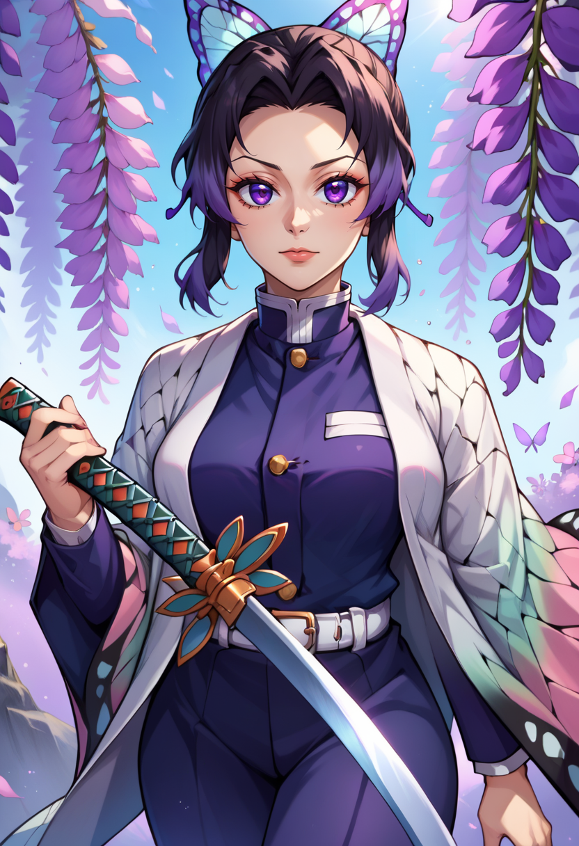 score_9, score_8_up, score_7_up, score_9, <lora:kochoushinobuSDXL:1> BREAK,  kochoushinobuSDXL, 1girl, solo, breasts, looking at viewer, short hair, bangs, black hair, hair ornament, long sleeves, holding, purple eyes, jacket, weapon, purple hair, flower, japanese clothes, belt, pants, sword, holding weapon, uniform, black jacket, parted bangs, holding sword, black pants, katana, sheath, butterfly hair ornament, haori, white belt, unsheathed, demon slayer uniform, wisteria, kochou shinobu