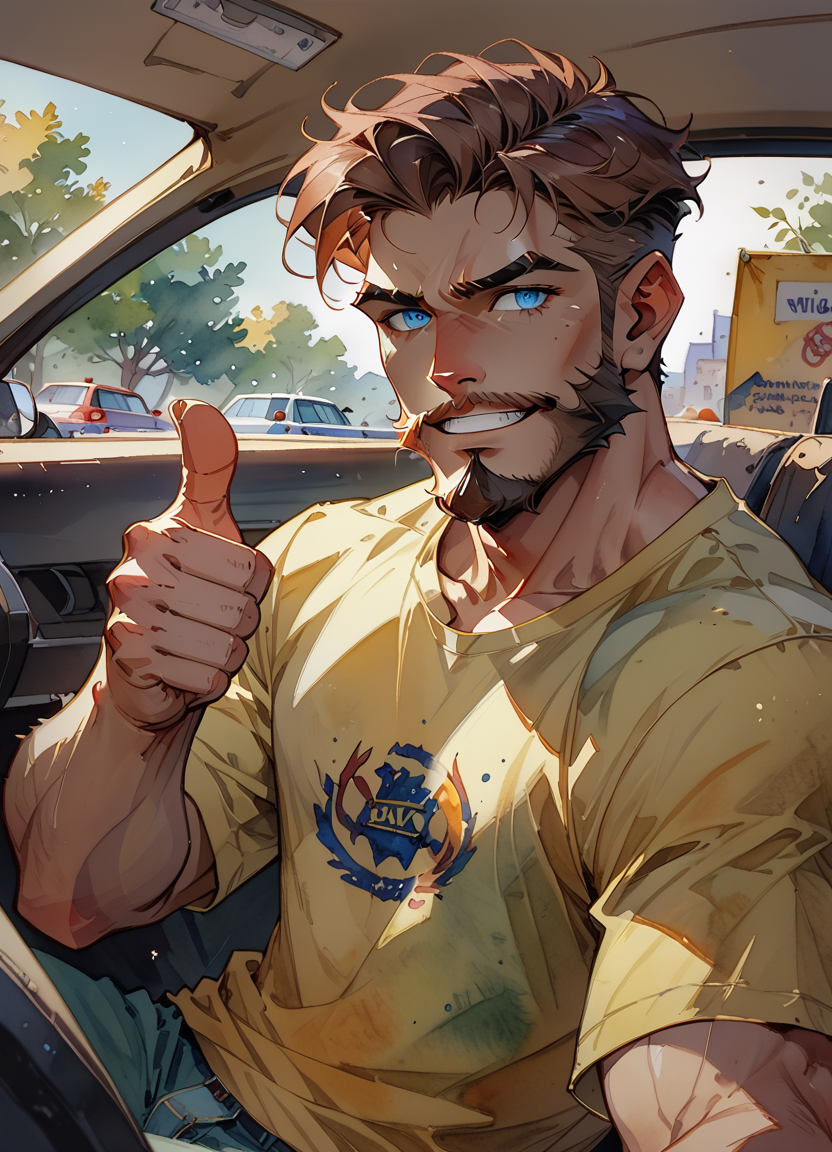 , smiling(guy with brown hair and full beard), blue eyes, sitting in taxi in the front seat, tshirt taking a selfie, thumbs up, womans the back seats, arm to the side of the screen, (full beard),score_9,score_8_up,score_7_up, watercolor \(medium\), traditional media, <lora:5DJFZWUJwfu3GCwa:0.7>
