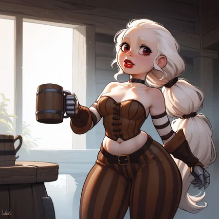 score_9, score_8_up, score_7_up, 1girl, dwarf, shortstack, white hair, albino, very long hair, low ponytail, loose ponytail, (sidelocks), thick thighs and wide hips, very fat, medium breasts, collarbone, red eyes, eye shadow, eye liner, (detailed eyes), (detailed hands), red lipstick, (detailed mouth), toned female, huge hips, in a tavern, dim lighting, light brown and grey vertically striped cloth pants, brown leather overbust corset, metal gauntlets, simple choker, brown sea boots, exposed midriff, huge ass, holding a mug, dynamic pose, cowboy shot, <lora:add-detail-xl:1>