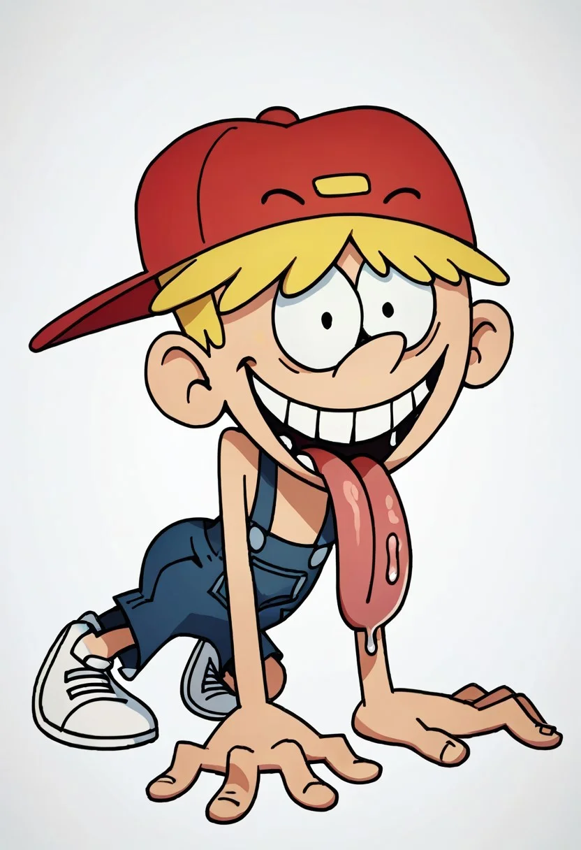 (score_9 | score_8_up | score_7_up) ((masterpiece:1))(best quality,very high quality,ultra detailed:1.2) (2D,cartoon style,anime style)(Smooth:2)(clean blurring) (four fingers on each hand,one thumb on each hand:1), Leif Loud, solo, 1boy, Blonde hair, missing teeth, red baseball cap facing backwards, blue overalls, white shoes, runaway brain, monstrous look, sexy grin, exagerated features, aggressie expression, hunched, menacing, sharp teeth, full body, long tongue, saliva, hunched over, all fours,