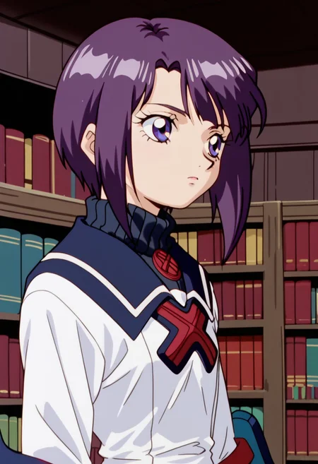 score_8, score_8_up, score_7_up, AWGXS, anime screenshot, retro artstyle,1990s (style), cel animation BREAK 1girl, female focus, solo, toris_SN2, purple hair, short hair, bangs, sidelocks, short hair with long locks, turtleneck, sailor collar, white dress, short dress, dress, long sleeves, bracers, upper body, library, indoors