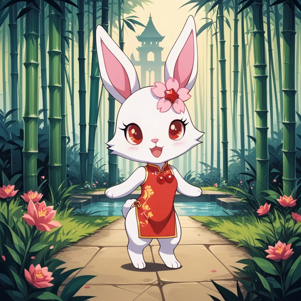 score_9, score_8_up, score_7_up, score_6_up, score_5_up,
best quality, masterpiece, Full Body, Romantic, Small Body, Furry, looking_pleasured, ru6y, anthro, female, jewelpet, furry, rabbit ears, solo, looking at viewer, hair ornament, red eyes, flower, :d, necklace, no humans, rabbit, chibi, short limbs, outside, zen castle, china dress, bamboo, bamboo forest, fire magic, temple, temple of fire