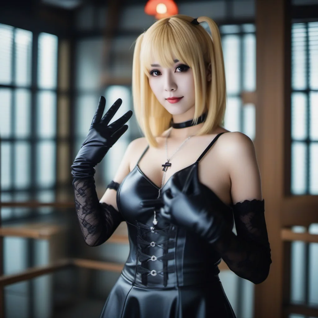 cinematic photo Misa1024, a full body blond woman dressed in black, gloves, stocking, cross necklace, in japan <lora:Misa1024:0.8> . 35mm photograph, film, bokeh, professional, 4k, highly detailed