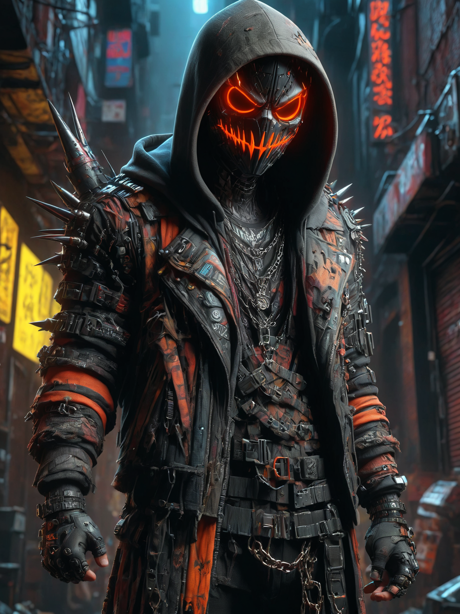 cinematic shot, dramatic lighting, man, mad-hllwnrs, hoodie, dynamic pose, (holding spikeclub:1.3), dimly lit, futuristic urban alleyway, garbage, filith, neon lights, graffiti-covered walls <lora:Neon_Cyberpunk_SDXL_Halloweener:0.8>,  (masterpiece:1.2), best quality, (hyperdetailed, highest detailed:1.2), high resolution textures