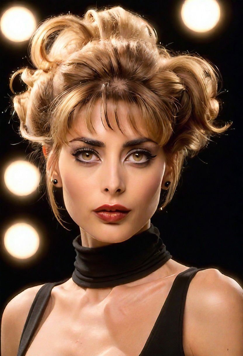 A detailed portrait of a young woman exuding elegance and natural grace. She has a voluminous updo hairstyle with wisps of hair tenderly framing her face. Her hazel eyes are accentuated by tasteful makeup, s. She wears a high-necked black top, suggesting a blend of casual refinement. The lighting should illuminate her face against a subdued background, emphasizing her calm and confident expression. High Fashion, dynamic, dramatic, elegant, High fashion supermodel, avant garde style
fFaceDetaile
pn