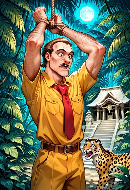 score_9, score_8_up, score_7_up, score_6_up, masterpiece, best quality, detailed eyes, detailed face, face_focus, (transformation into anthro jaguar, mid transformation:, front view, standing, hands above head, hands tied with rope to posts), (jungle, temple, nighttime, moon, torches, brown hair, short hair, slicked back, mustache, small mustache, yellow shirt, red tie, collared shirt, pocket, belt, yellow pants, hairy arms, hairy chest, shirt stretched to limits:2.0), muscular male, hairy, leg_hair, arm_hair, realistic, veins, (mouth wide open, scared, shocked, afraid), (wide open eyes),