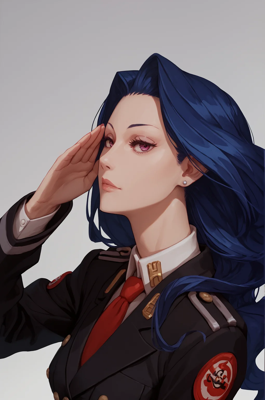 score_9, score_8_up, score_7_up, score_6_up, score_5_up, score_4_up, (high quality, detailed, beautiful) <lora:Mauve_epoch_10:1> mauve_acca, acca13_uniform, salute,