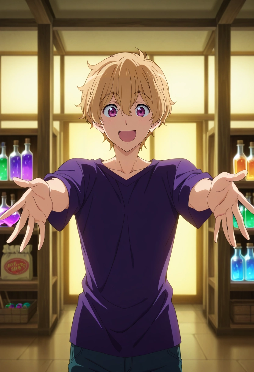 masterpiece, best quality, , anime screencap, anime coloring, , looking at viewer, 1boy, solo, male focus, <lora:nagisa_hazuki_ilxl:0.9>, nagisa_hazuki, blonde hair, purple eyes, magic market, spell stalls, potion shops, enchanted paths, shopping pose, excited expression, magical lighting,