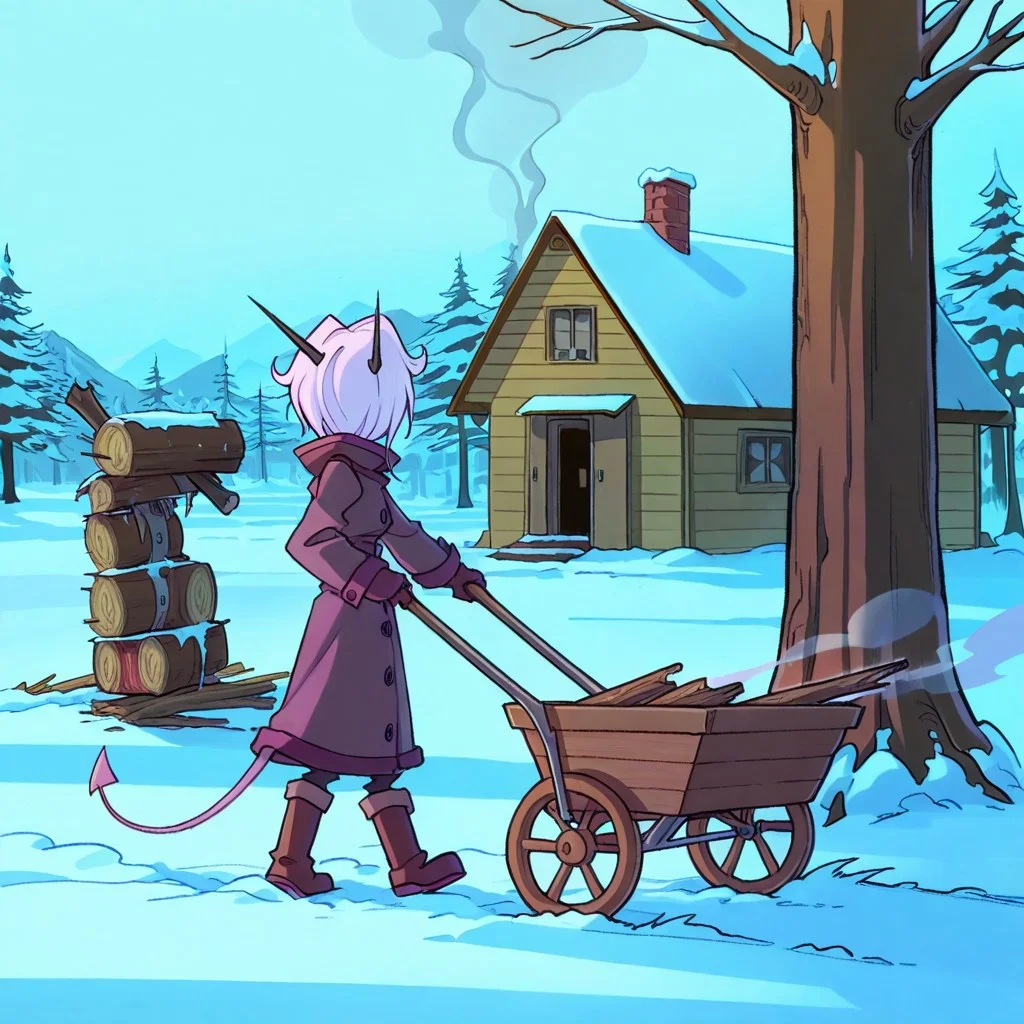 score_9, score_8_up, score_7_up,namah_calah,
1girl,solo,furry,tail, source_furry,horns,
 ,<lora:namah_calah_illustrious:0.8>,
child, kid, 1boy, 
stackiing  logs into a wheelbarrow, snow clinging to her boots. An axe leans against a tree, and smoke curls from a cabin chimney, firewood, wheelbarrow, axe, snow, boots, tree, cabin, smoke, chimney, winter_coat, gloves, outdoors, manual_labor