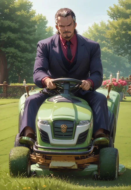 score_9, score_8_up, score_7_up, source_anime, rating_safe, rilamo, front view, Shigedaddy, 1boy, male focus, anime screencap, suit, sitting, open clothes, Expressiveh, riding a lawn mower