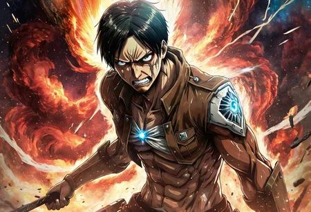Eren Yeager, in his Titan form, tears through Marley's defenses. Buildings collapse, as his raw, emotional roars resonate with the very essence of the Attack Titan.
galaxy hair swirling around her, nebulae resembling battle smoke, stars like piercing weapons, (symbolism:1.3), bold colors, textured background, stylized like a tarot card