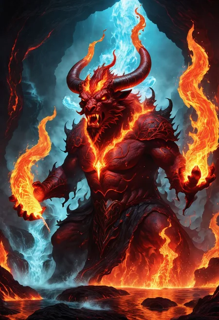 ferrous fire breathing, ghoulish, ghastly horned red elemental in a hellish fiery lava filled environment. decimating everything in rage all around it while in the foreground ((A single wizard figure is using water magic)) to manipulate water to extinguish fires and battle the beast.