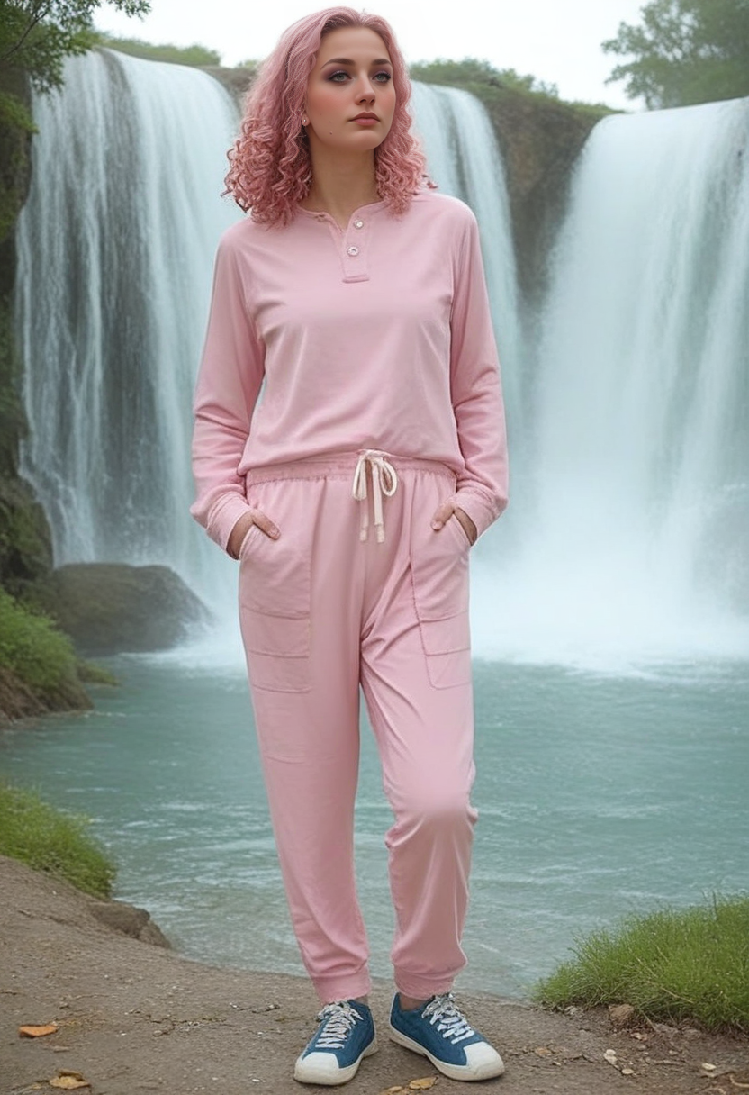 Stable_Yogis_PDXL_Positives 
<lora:train_Sweat_Suit_by_Stable_yogi_bsy_PONY:0.8>
 wearing a 99sweatsuit99 in Indigo color,   pockets, long sleeves, full body,  shoes,
beautiful face, 1960s mod makeup style, Layered curls hairstyle, Blush pink hair_color, forest path with a waterfall in the distance