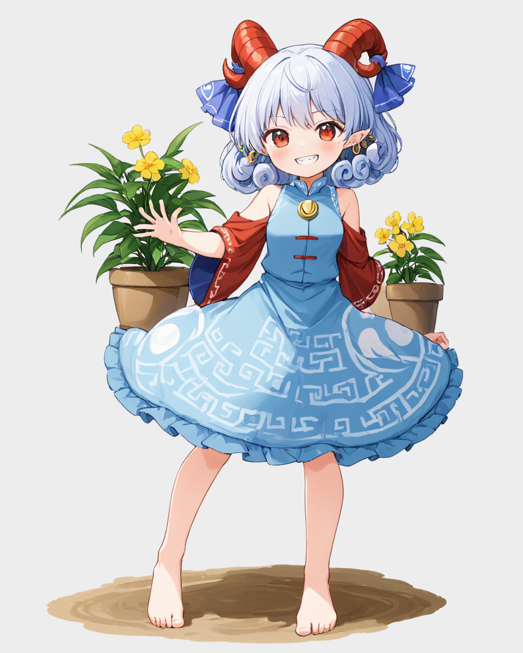 toutetsu yuuma,1girl, red_horns, solo, barefoot, blue_dress, sheep_horns, earrings, horn_ribbon, signature, sharp_teeth, full_body, blush, grin, white_background, simple_background, bare_shoulders, potted_plant, red_sleeves, curled_horns, flower_pot, detached_sleeves
<lora:toutetsu_yuuma_image1106_2023-12-20-000014:1>,star-shaped_pupils,symbol-shaped_pupils,. gorgeous,key visual, vibrant, studio anime,award-winning, professional, highly detailed,high budget, cinemascope