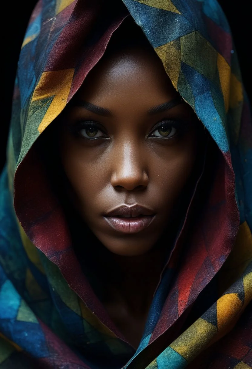 Close-up face, mysterious silhouette of an exotic coloured woman in worn down cape, goddess, alluring, by Minjae Lee, Carne Griffiths, Emily Kell, Steve McCurry, Geoffroy Thoorens, Aaron Horkey, Jordan Grimmer, Greg Rutkowski, amazing depth, double exposure, surreal, geometric patterns, intricately detailed, bokeh, perfect balanced, deep fine borders, artistic photorealism , smooth, great masterwork by Suiras <lora:add-detail-xl:2> <lora:Double_Exposure:0.5>