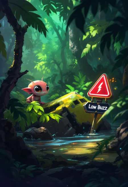 A curious, small alien creature peers out from behind a lush fern in the dense, vibrant jungle, investigating where a spaceship wreckage lies half-submerged in the murky water. A distress beacon on the wreckage displays a warning message: 'Low Buzz' accompanied by a striking lightning bolt symbol.