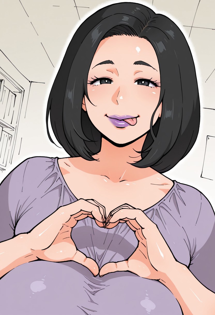 , 1girl, solo, medium build, medium hair, sfw, safe for work, flowy dress,  black eyes, purple lipgloss, smiling, portrait, upper body, heart hands, mature female, foreshortening, detailed, newest, shiny skin, cowboy angle, solo focus, dynamic angle, foreshortening, :p, ahemaru