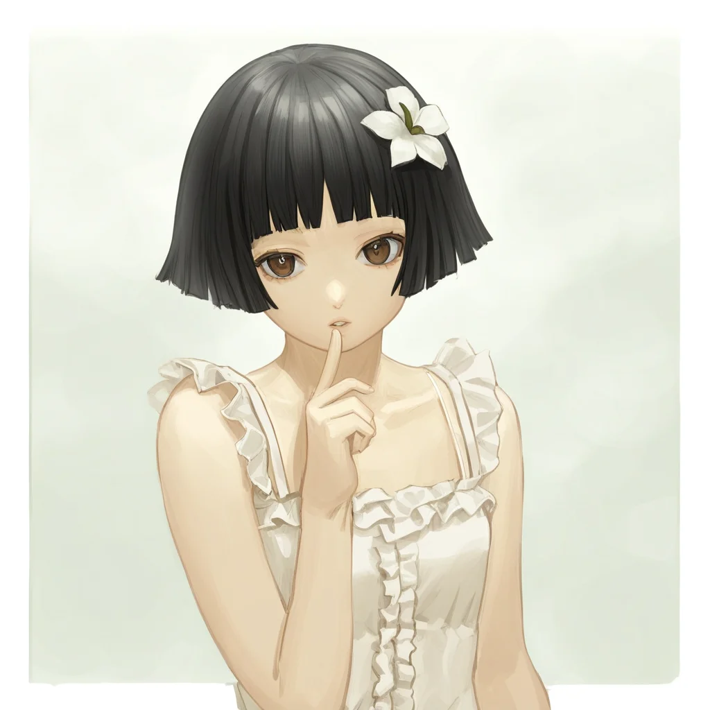 solipsist, sengoku nadeko, monogatari (series), 1girl, arched bangs, black hair, brown eyes, camisole, finger to own chin, flower, frilled camisole, frills, hand up, looking at viewer, parted lips, short bangs, short hair, solo, white camisole, white flower