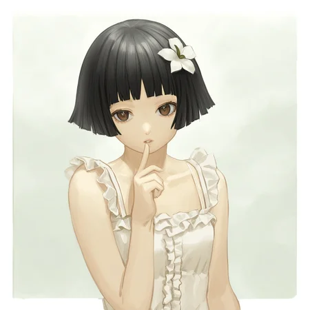 solipsist, sengoku nadeko, monogatari (series), 1girl, arched bangs, black hair, brown eyes, camisole, finger to own chin, flower, frilled camisole, frills, hand up, looking at viewer, parted lips, short bangs, short hair, solo, white camisole, white flower