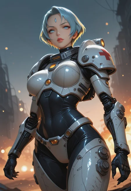 ultra realistic, masterpiece, high detailed skin, best quality, high res, very aesthetic, anime style, studio anime, source_ecchi, anime, (finely detailed face), (petite body:1.3), <lora:Majin_Kesselring_2_nai-000055:1>,Majin Kesselring, blue forehead jewel, sharp fingernails, eyelashes, large breasts, makeup, smokyeyes, mascara, puffy lips, glossy red lipstick, cinematic film still of a female combat-medic (space-marine:1.4), heavy white armor with red cross symbol and the words "medic", (motion-blur:1.4), running through a battlefield, explosions, tracer-shots, warhammer 40000, sci-fi, futuristic, dystopian future, technology, in the style of michael bay, in the style of zack snyder, in the style of christopher nolan, epic. orange & teal tones, shallow depth of field, vignette, highly detailed, high budget Hollywood movie, bokeh, cinemascope, moody, epic, gorgeous, film grain, grainy, foreshortening, lascivious pose, creating a peaceful and tranquil atmosphere, (blurry background, depth of field:1.1), dynamic dutch angle, bright colors, stunningly artwork, close-up cowboy shot from below,