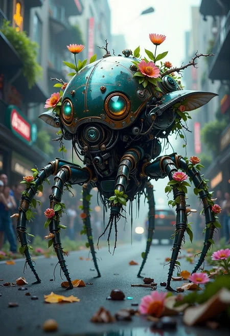 In a world where technology has merged with nature, a yfg-bgy robotic insectoid creature roams the streets, its metallic body adorned with lush vines and colorful blooms. Its glowing eyes scan the surroundings as it searches for scraps to scavenge, its mechanical limbs moving with an unsettling efficiency. The city's inhabitants watch with a mix of fascination and unease as the creature navigates the urban jungle.
