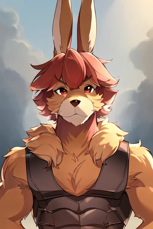(masterpiece:1.2), (best quality, high quality, highres, absurdres, 8k, (A1 Pictures style|Ghibli style), cinematic lighting), (handsome anthro, viera, highly detailed), (furry:1.3), (fuzzy:1.3), expressive eyes, crimson hair, short hair, armor