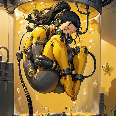 score_9, score_8_up, score_7_up,rating_explicit,soft shadows,masterpiece,4k,best quality, hires, 1girl,black hair,ponytail, long hair, facing viewer, android,cybernetic arm, expressionless, nude, detailed eyes, large yellow (stasis tank:1.1), fetal position, floating, knees up, bubbles, closed eyes, tube, cable, inside-stasis, underwater, in stasis tank, (yellow water:1.2), (respirator:1.1), science fiction, body suit, cybernetics, hugging own legs
<lora:Stasis Tank (pony) v1:1>