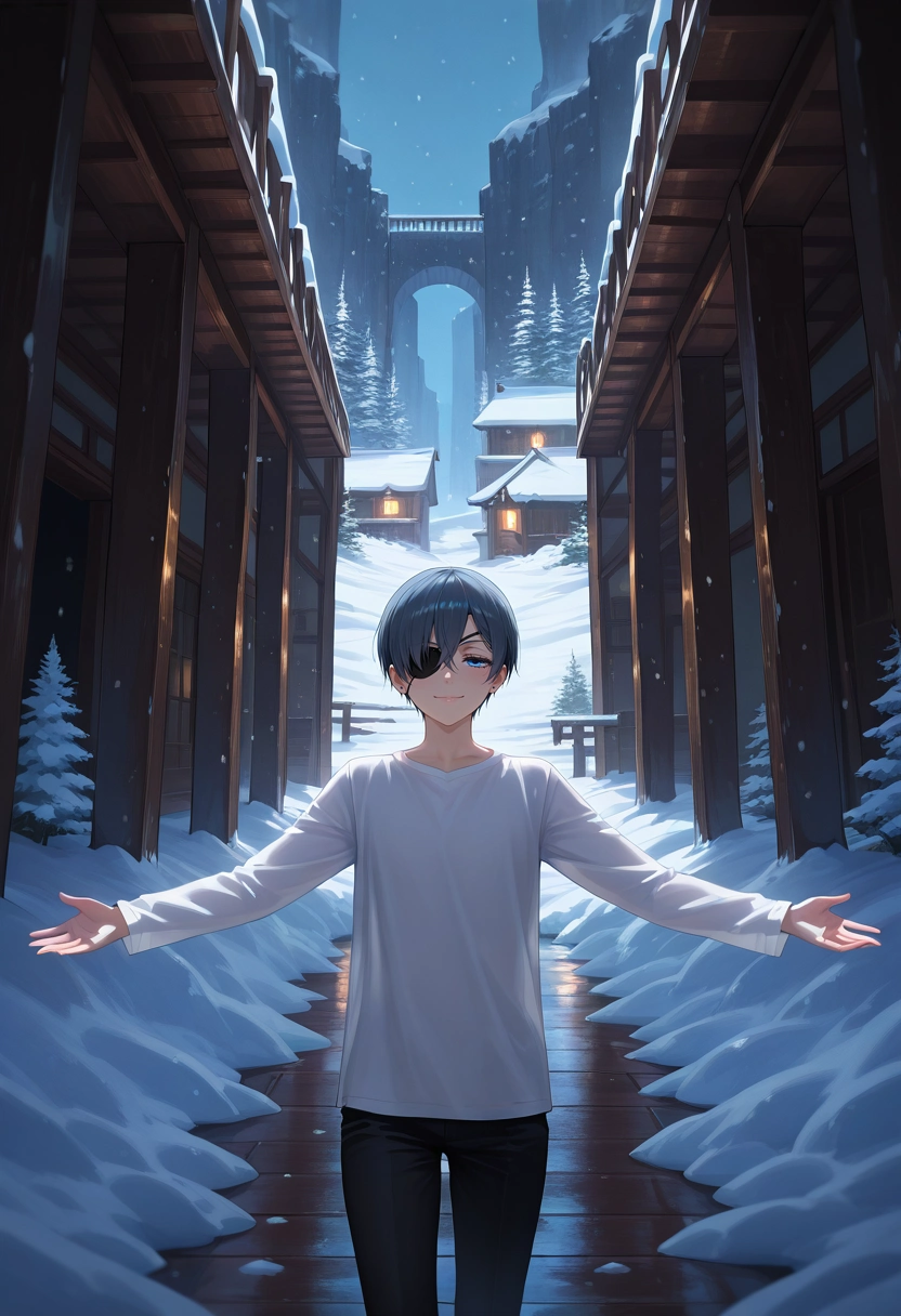 masterpiece, best quality, , semi-realistic, , 1boy, solo, male focus, <lora:ciel_phantomhive_ilxl:0.92>, ciel_phantomhive, black hair, blue eyes, short hair, eyepatch, wide angle, wide shot, cowboy shot, snowy town, snow, ice, stalagmite, indoors, dark, spread arms, half-closed eyes, smile, long sleeve shirt,